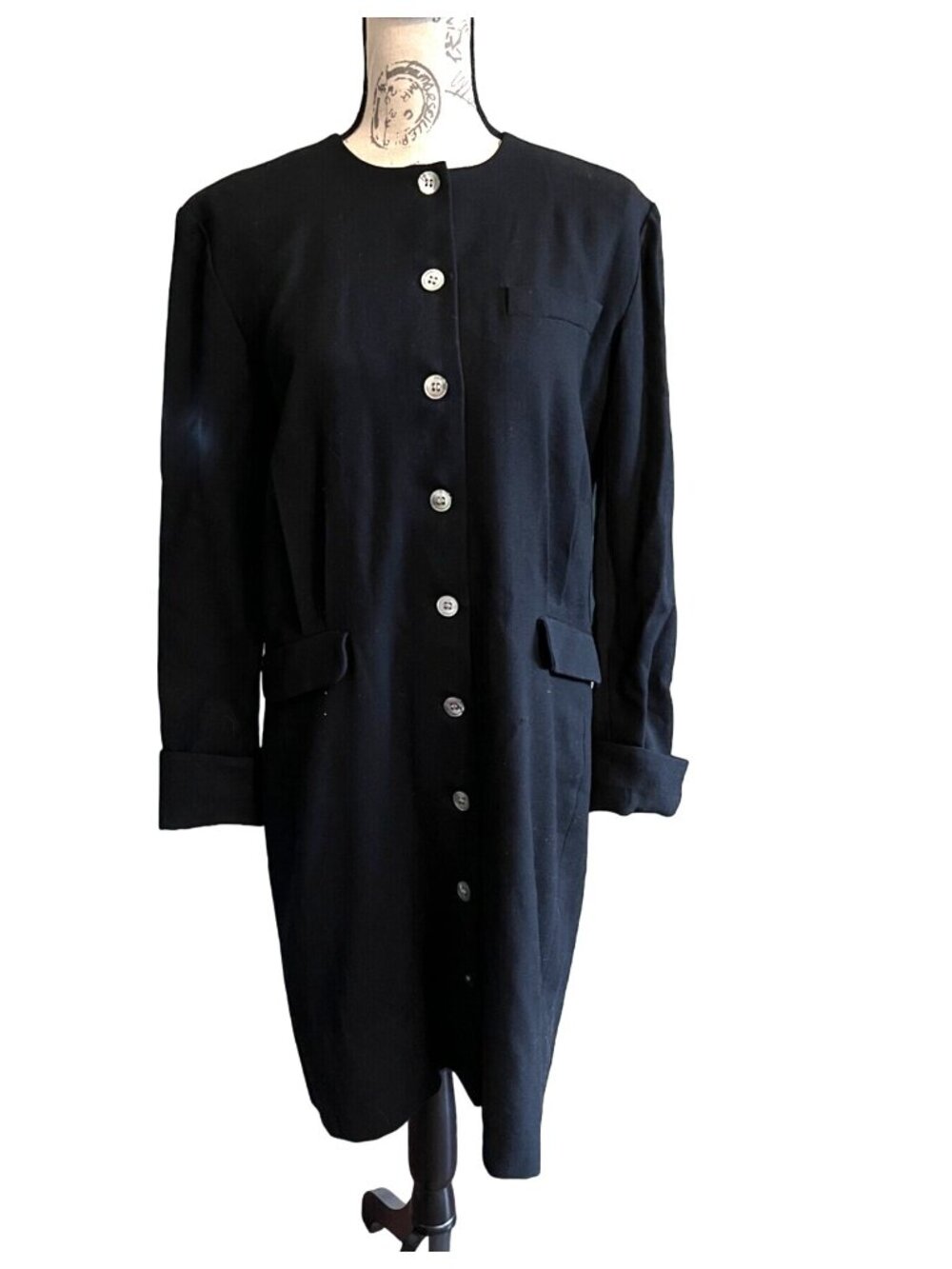 Vintage Alcott & Andrews Black Wool Sheath Dress Button Front Long Sleeve 10